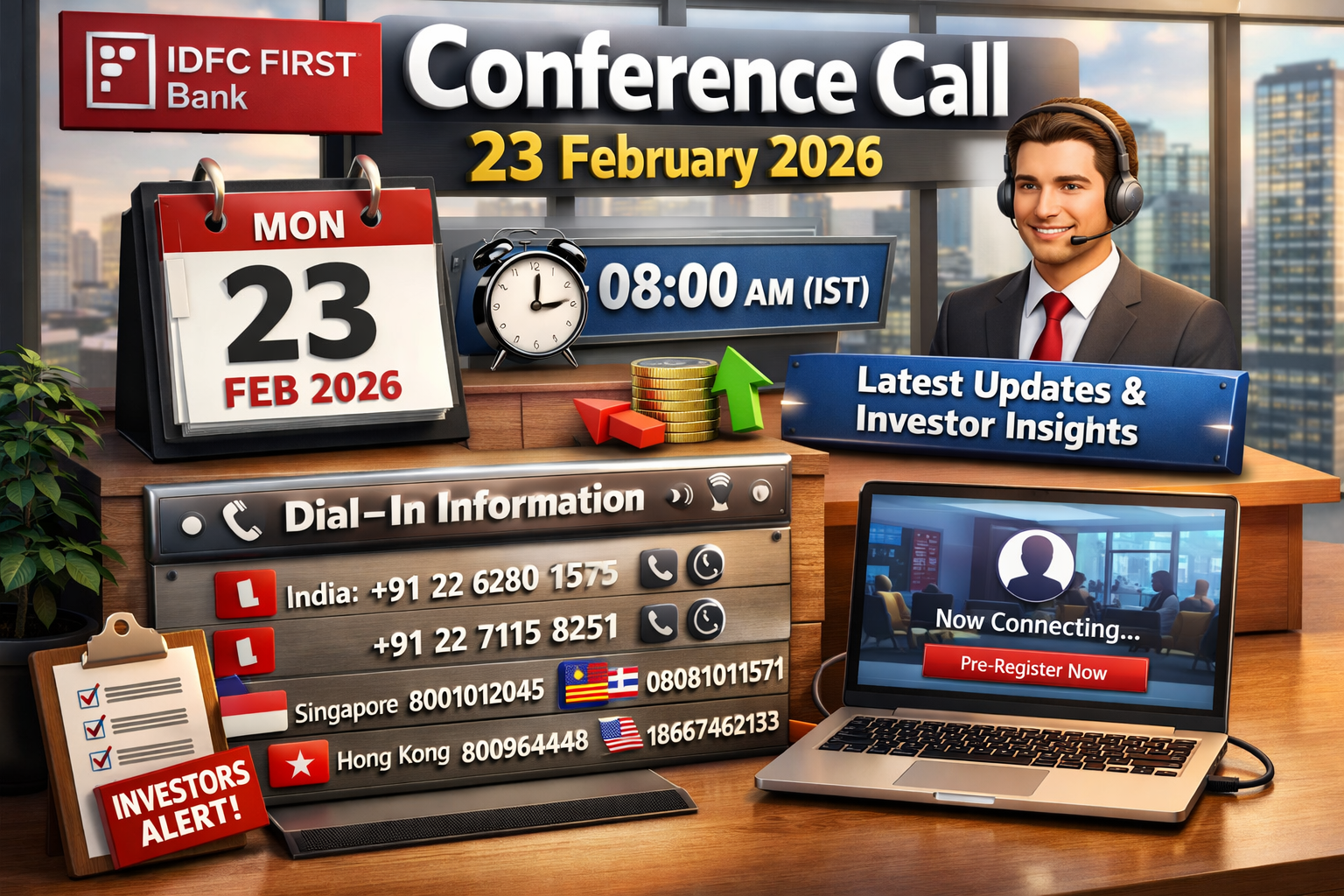IDFC FIRST Bank has released an official intimation stating that the bank will organize a conference call on February 23, 2026. This information has been officially submitted to the National Stock Exchange (NSE) and Bombay Stock Exchange (BSE) to provide transparent updates to all investors and stakeholders